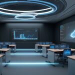A futuristic classroom with students wearing neural headsets, connected to a glowing cloud network, absorbing knowledge instantly in a vibrant, high-tech environment.