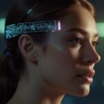 A futuristic neural interface device glows softly on a user’s temple, projecting holographic thought patterns in a vibrant digital environment.